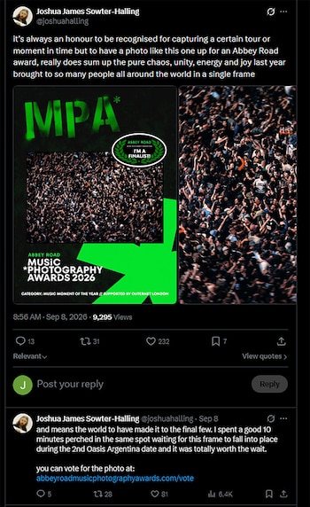Captura de pantalla de una publicación en redes sociales con un texto en inglés y fotos de una multitud en un concierto