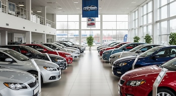Concesionario de autos espacioso sin personas, mostrando filas de vehículos nuevos y brillantes de diversos colores bajo grandes ventanales y con un balcón.