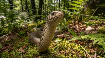 Primer plano de una serpiente con escamas marrones y ventrales claras, erguida sobre musgo verde y hojas secas, con helechos y árboles borrosos al fondo.