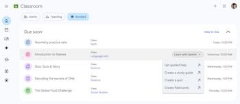 Interfaz de Google Classroom con menú lateral, lista de tareas y menú desplegable de herramientas de estudio guiadas por inteligencia artificial