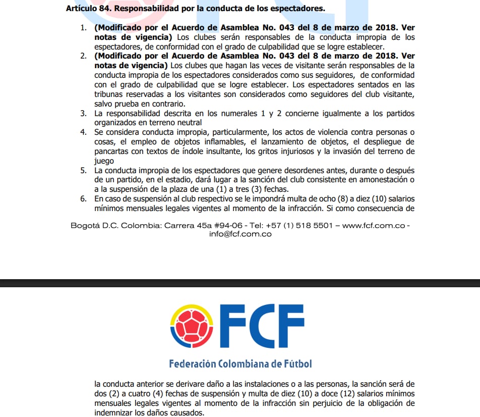 Esto dice el artículo 84 del código disciplinario sobre la sanción que el Medellín recibiría por agresión a Daniel Torres - crédito FCF