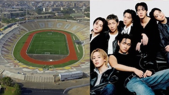 Imagen dividida con una vista aérea de un estadio deportivo a la izquierda y una fotografía de los siete integrantes de BTS a la derecha