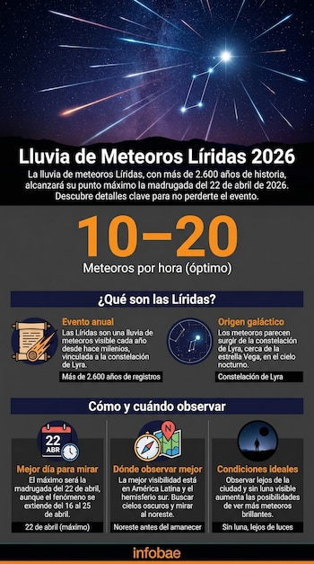 Infografía sobre las Líridas 2026, mostrando un cielo nocturno estrellado con meteoros de colores, la constelación de Lyra y texto informativo.