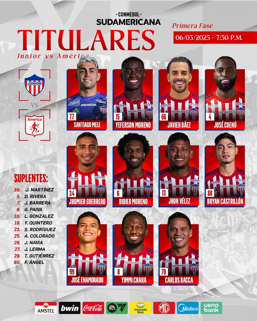Formación de Junior de Barranquilla para recibir al América de Cali en la fase previa de la Copa Sudamericana 2025 - crédito Junior de Barranquilla