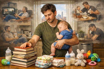 Un joven padre sostiene a