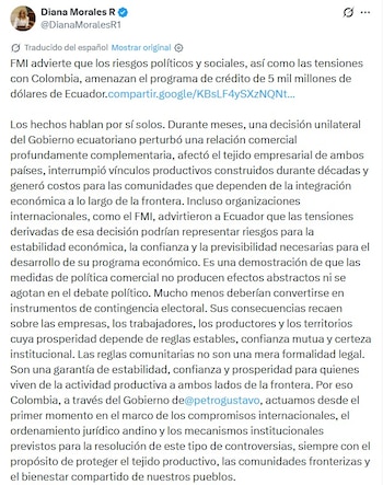 Una declaración de la funcionaria colombiana subrayó que la decisión ecuatoriana de suprimir aranceles se fundamentó en compromisos regionales y no en actos concertados entre ejecutivos de ambos países - crédito @DianaMoralesR1 / X