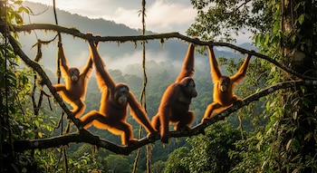 Cuatro orangutanes de Tapanuli, con pelaje anaranjado, se aferran a una rama cubierta de musgo con una selva verde y montañosa con niebla y luz solar de fondo.