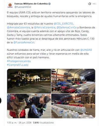 Las Fuerzas Militares de Colombia enviaron un equipo de rescatistas a Venezuela - crédito @FuerzasMilCol/X
