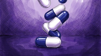 Ilustración de varias cápsulas de píldoras azules y blancas apiladas y cayendo sobre una superficie, con un fondo degradado de tonos morados y violetas.