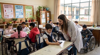 Niño con sensor de glucosa en brazo, mira un dispositivo. Una docente lo asiste en un aula con otros alumnos, dos en silla de ruedas, y carteles educativos.