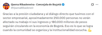 Los empresarios advirtieron que adelantar la ley seca ponía en riesgo $180.000 millones y afectaba los ingresos de unas 250.000 personas vinculadas al sector nocturno y hotelero de Bogotá - @QuenaRibadeneir/X
