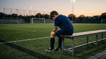Un niño con uniforme azul de fútbol está sentado en un banco de madera mirando el suelo en un campo deportivo al atardecer.