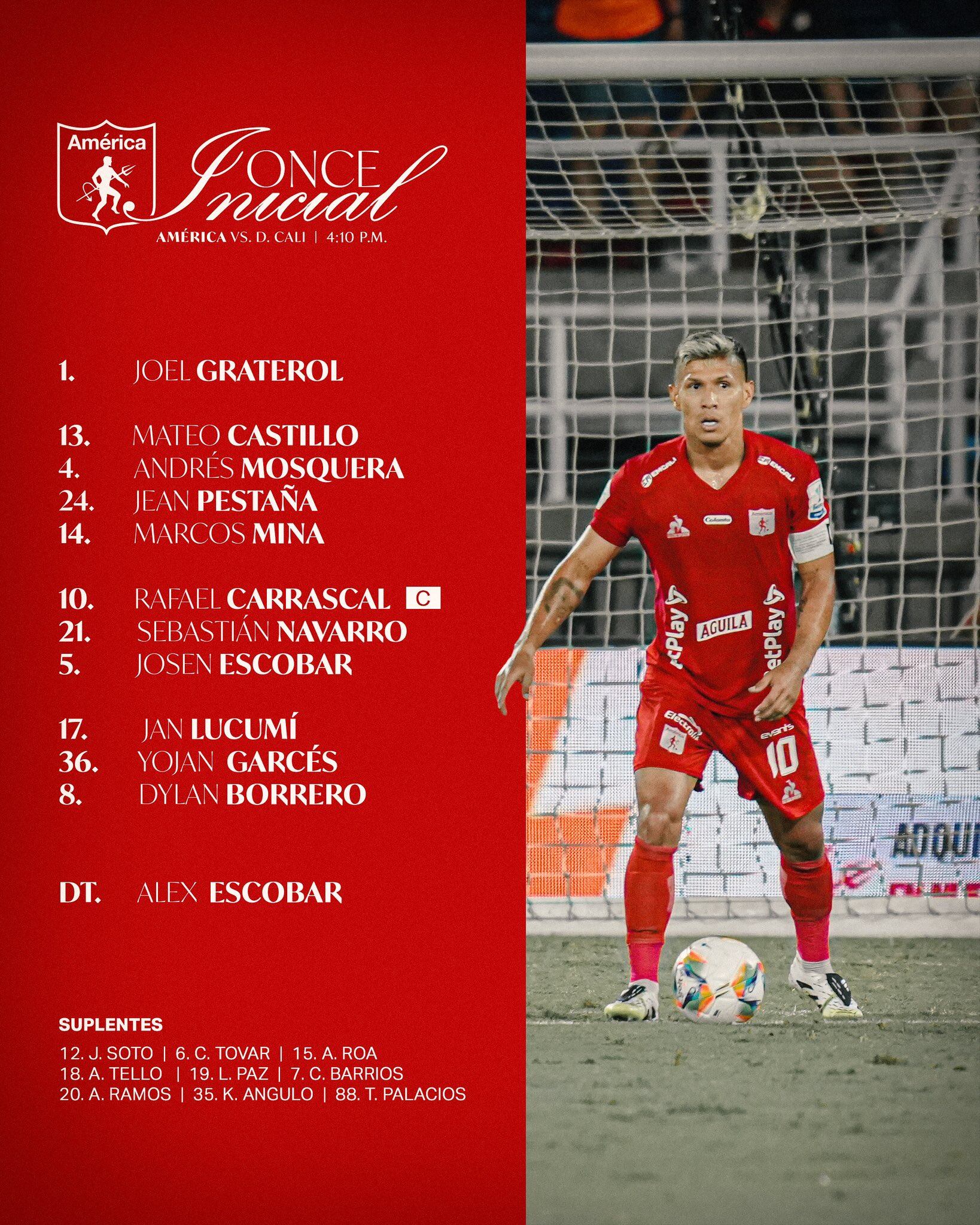 Esta será la alineación del América de Cali- crédito @AmericadeCali/X