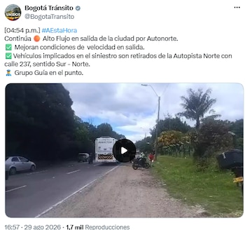 Mejoran las condiciones de salida en la Autopista Norte tras accidente en Bogotá - crédito @BogotaTransito/X