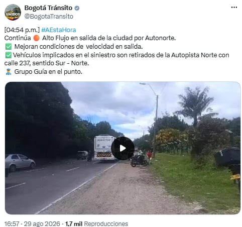 Mejoran las condiciones de salida en la Autopista Norte tras accidente en Bogotá - crédito @BogotaTransito/X