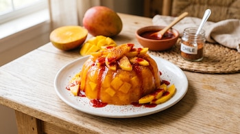 Gelatina con trozos de mango y salsa roja en un plato blanco, junto a un tazón de chamoy y un frasco de chile en una mesa.