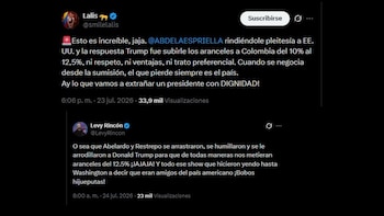 Laura Beltrán, conocida como Lalis, y el activista Levy Rincón cuestionaron la estrategia diplomática de Abelardo de la Espriella tras el anuncio de nuevos aranceles para Colombia - crédito X