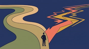 Ilustración de una figura humana de espaldas ante dos caminos: uno suave de tonos verdes y otro en zigzag con formas rojas y amarillas.