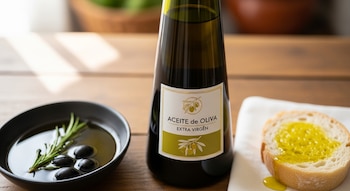 Una botella de aceite de oliva, un tazón con aceite, aceitunas y romero, y una rebanada de pan con aceite, sobre una superficie de madera.