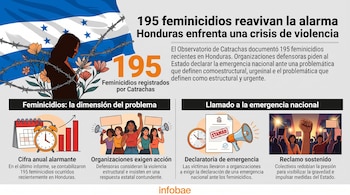 Infografía sobre feminicidios en Honduras con la bandera nacional, la silueta de una mujer, alambre de púas e ilustraciones explicativas.