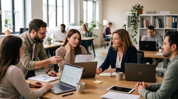 Grupo de empleados reunidos junto a una mesa de madera con computadoras portátiles y documentos en una oficina iluminada.