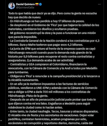 Daniel Quintero se despachó contra