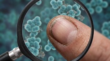 Un dedo con suciedad en la uña visto a través de una lupa redonda, con ilustraciones de bacterias de color azul en segundo plano.