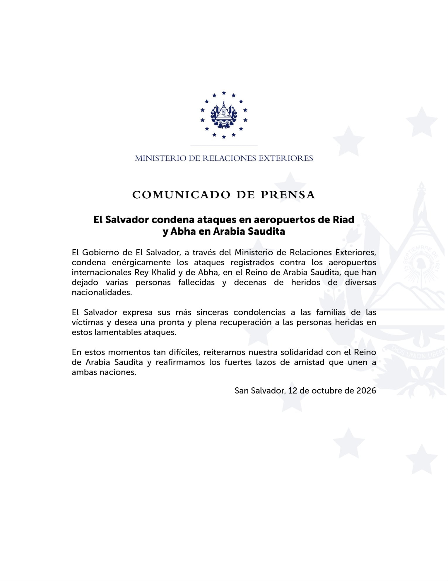El Salvador expresa sus más sinceras condolencias a las familias de las víctimas”, señaló el texto oficial. El organismo agregó que desea “una pronta y plena recuperación a las personas heridas en estos lamentables ataques”.