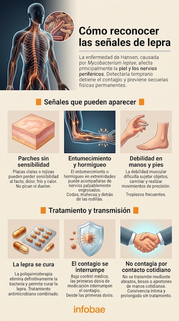 Infografía sobre la lepra con ilustraciones del cuerpo humano, una bacteria, piel con manchas, un brazo, medicamentos y un apretón de manos.
