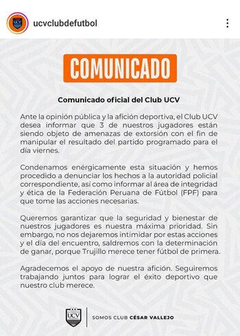 Comunicado de César Vallejo denunciado