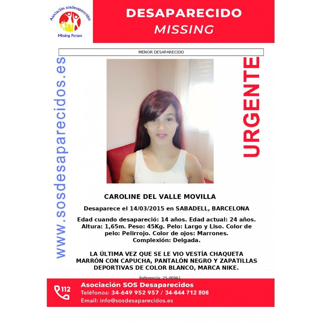 Cartel de desaparecida de Caroline del Valle (SOS Desaparecidos)