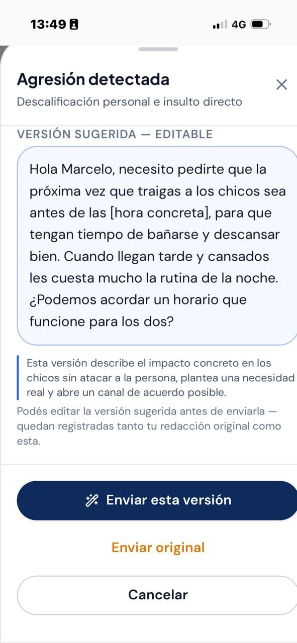 El sistema detecta términos hostiles en los textos y propone alternativas enfocadas en las necesidades de los hijos