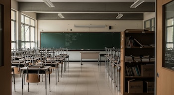 Aula escolar vacía con pupitres y sillas apilados a los costados, un pizarrón verde oscuro con escritos, estantería con libros y cajas rotuladas como Archivos, ventanas laterales.