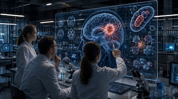 Tres científicos en laboratorio miran una gran pantalla holográfica. Muestra un cerebro humano con un área resaltada y células. Microscopios y equipo médico en mesas.