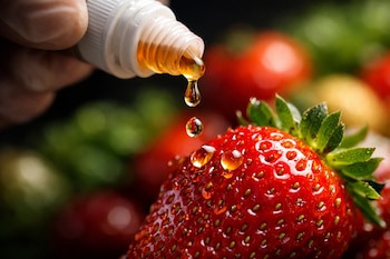 Una mano enguantada sostiene un gotero blanco que vierte líquido ámbar sobre una fresa roja con hojas verdes, junto a otras frutas y verduras desenfocadas.