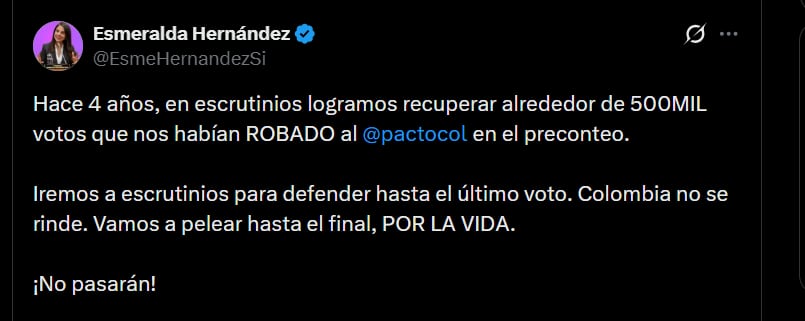 Esmeralda Hernández afirmó que asistirán al escrutinio “para defender hasta el último voto” - crédito @EsmeHernandezSi/X