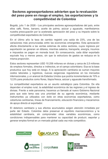 Los principales sectores agroexportadores del país, entre ellos café, flores, banano, aceite de palma, azúcar y aguacate, manifestamos nuestra preocupación por la acelerada apreciación del peso y su impacto sobre la competitividad exportadora de Colombia - crédito Fedecafé