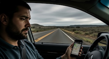 Hombre barbudo con camisa azul sentado en un automóvil, mira un teléfono móvil con un mapa de navegación en una carretera desierta con cielo nublado.