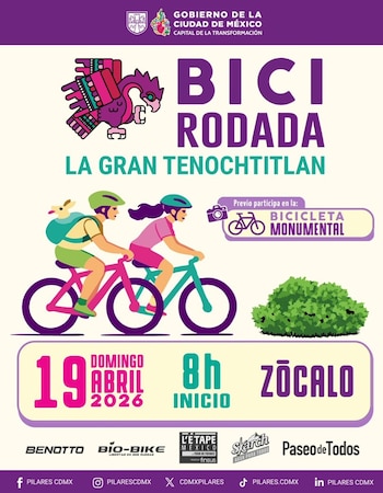 Póster multicolor para la "Bici Rodada La Gran Tenochtitlan" con dos ciclistas animados, emblema de águila, fecha 19 de abril de 2026 y logos de patrocinadores