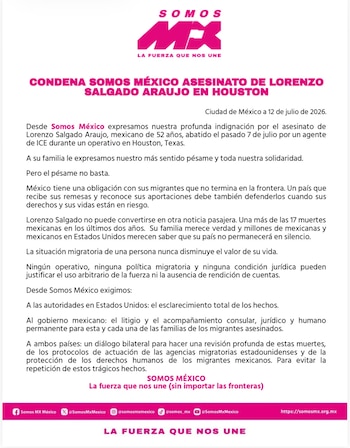 Comunicado de Somos México sobre el homicidio de Lorenzo Salgado Araujo en Houston. Texto en fucsia y negro con logo del partido
