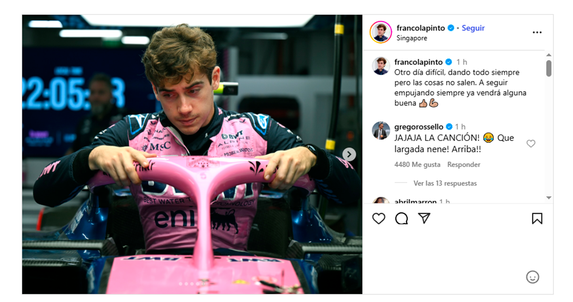 El posteo de Colapinto (@francolapinto)