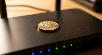 Primer plano de una moneda de un Euro dorada y plateada colocada sobre un router Wi-Fi negro con luces LED azules y verdes encendidas, con polvo visible.