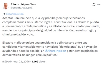 Captura de pantalla de un tuit de Alfonso López-Chau en la plataforma X, mostrando su perfil y un mensaje en español sobre una maniobra antidemocrática