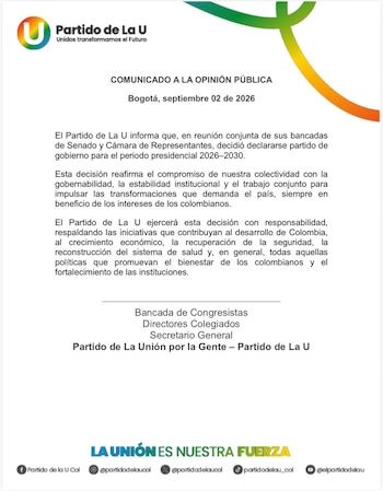 El Partido de La U informó sobre su decisión de declararse partido de gobierno - crédito @partidodelaucol/X