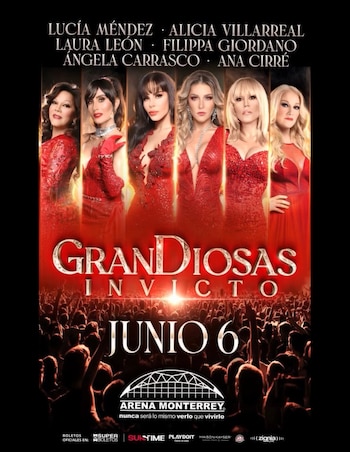 Póster de concierto con seis mujeres vestidas de rojo y joyas, texto 'GranDiosas Invictos' en grande, 'Junio 6' y el logotipo de Arena Monterrey