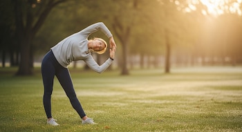 Persona de mediana edad en ropa deportiva gris y azul se estira lateralmente en un parque verde al amanecer, con césped húmedo y árboles difuminados.