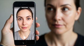 Una mano sostiene un smartphone con una selfie de mujer con filtro "suavizado" en pantalla. Al fondo, desenfocado, se ve el rostro real de una mujer adulta.