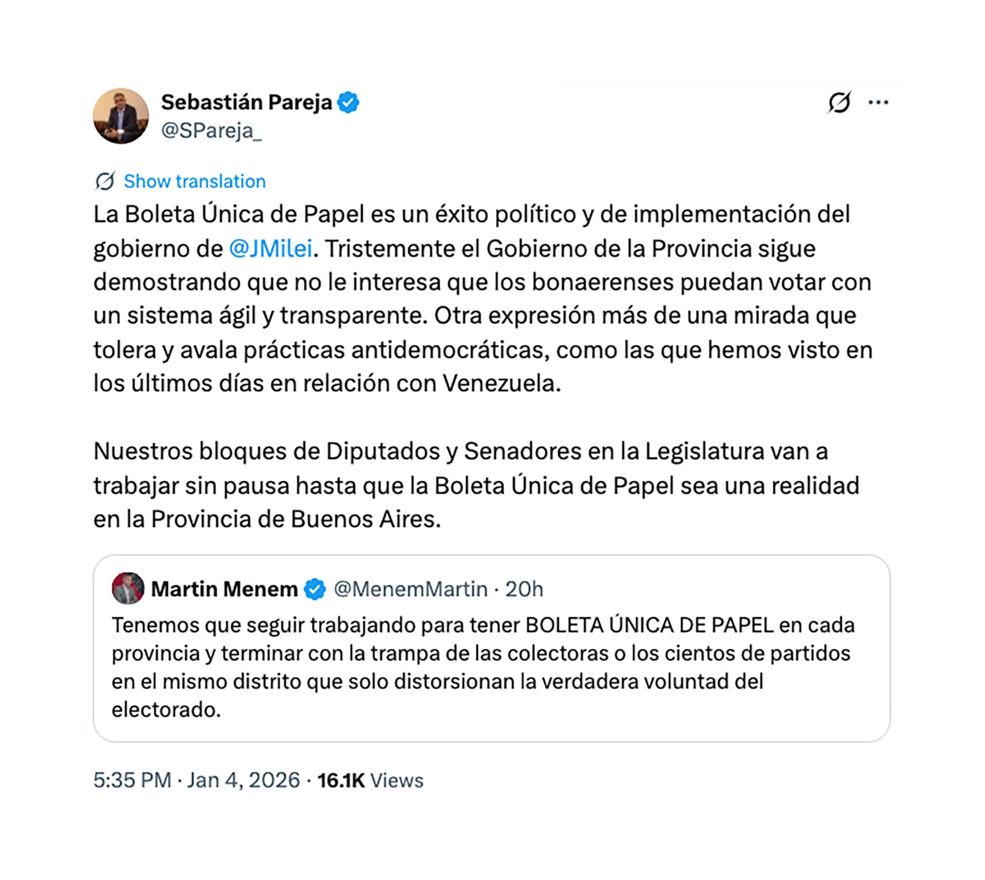 El tuit de Sebastián Pareja