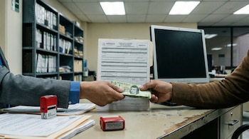 Dos pares de manos, una con traje gris y otra con suéter marrón, intercambian un fajo de billetes mexicanos bajo un formulario en un escritorio de oficina con sellos.