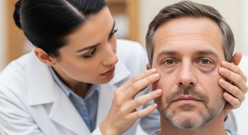 Primer plano de una dermatóloga con bata blanca examinando las ojeras de un paciente masculino de mediana edad con las manos.